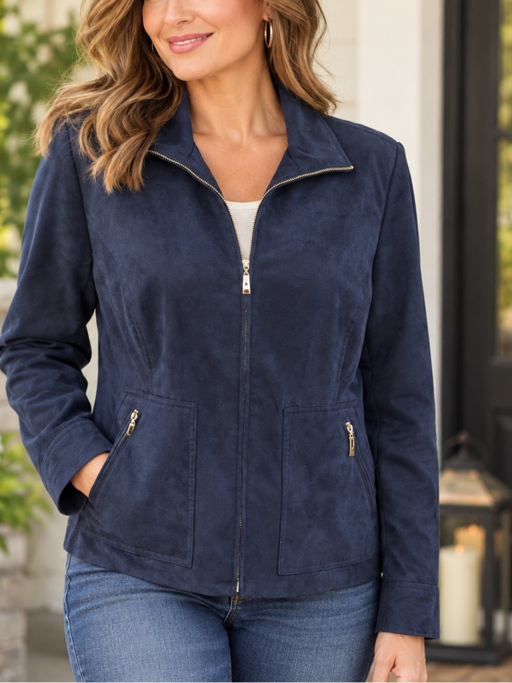 Evan-Picone Navy Faux Suede Zip-Front Jacket